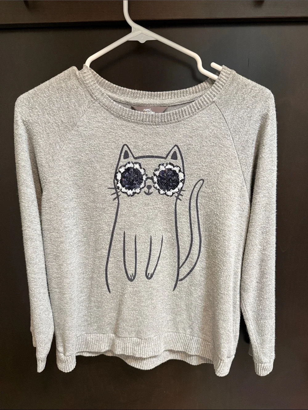 Girls' Gray Cat Sweater with Sequin Sunglasses
